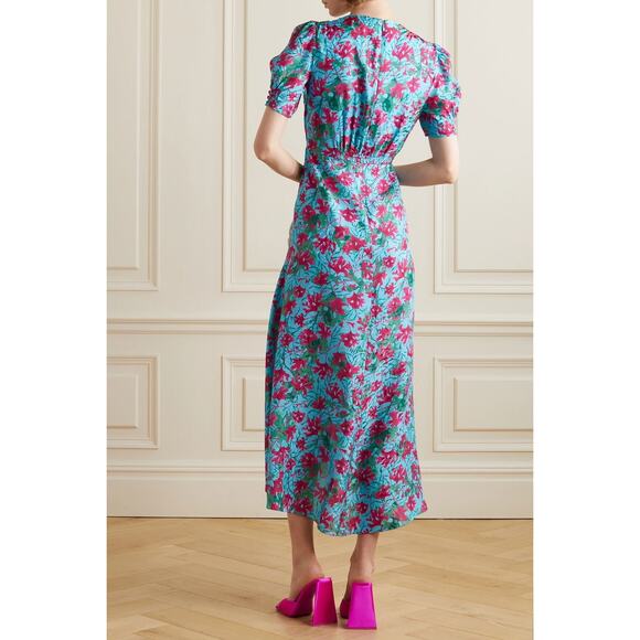 Saloni 100% Silk Blue Pink Lea Floral Print Altrd Maxi Dress Size US 14 UK 18 - Picture 2 of 11